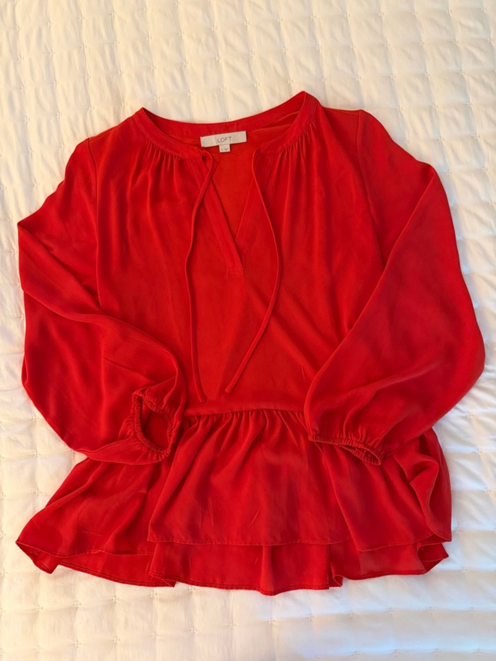 LOFT Red Peplum Tie-Neck Blouse
